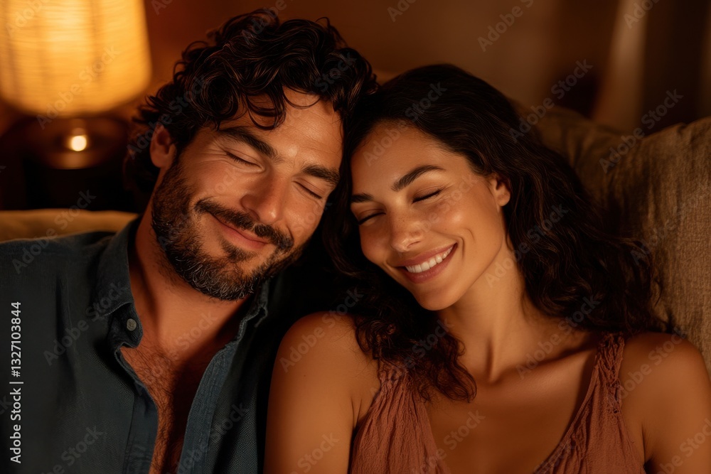 man and a woman hug each other in the living room. The man is smiling, and so is the woman. The scene is joyful and tender. portrait in a dark light. man and a woman hug each other in the living room. The man is smiling, and so is the woman. The scene is joyful and tender. portrait in a dark light.
