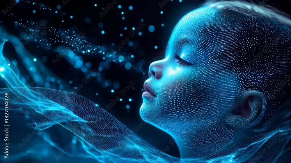 Futuristic Depiction of Child Face with Glowing Blue Digital Patterns and Waves, Symbolizing Technology and Innovation Futuristic Depiction of Child Face with Glowing Blue Digital Patterns and Waves, Symbolizing Technology and Innovation