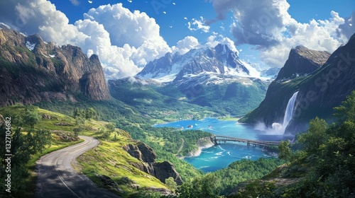 Scenic mountain road, fjord, waterfall, village, summer