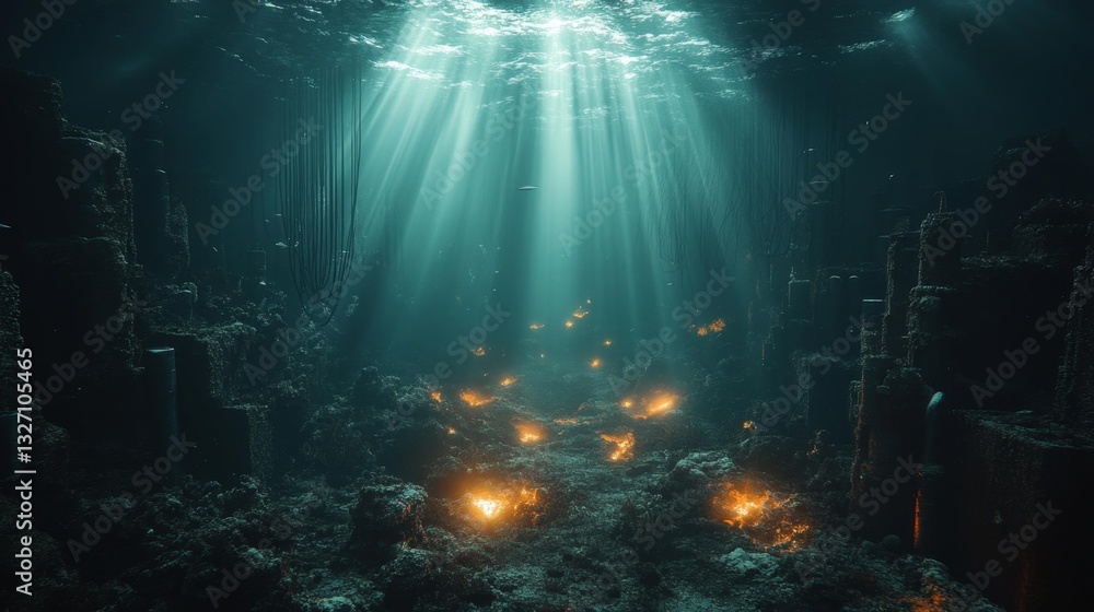 Fototapeta premium A surreal underwater scene with mysterious glowing lights in the ocean depths. Generative AI