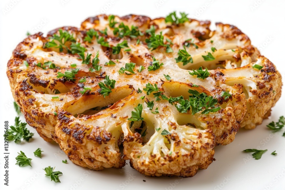 Top view of golden brown grilled cauliflower steak with parsley on white surface healthy vegan meal Top view of golden brown grilled cauliflower steak with parsley on white surface healthy vegan meal