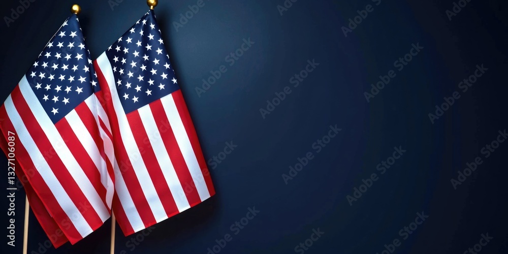 Two American flags hanging from the side of a wall, suitable for patriotic or national events Two American flags hanging from the side of a wall, suitable for patriotic or national events