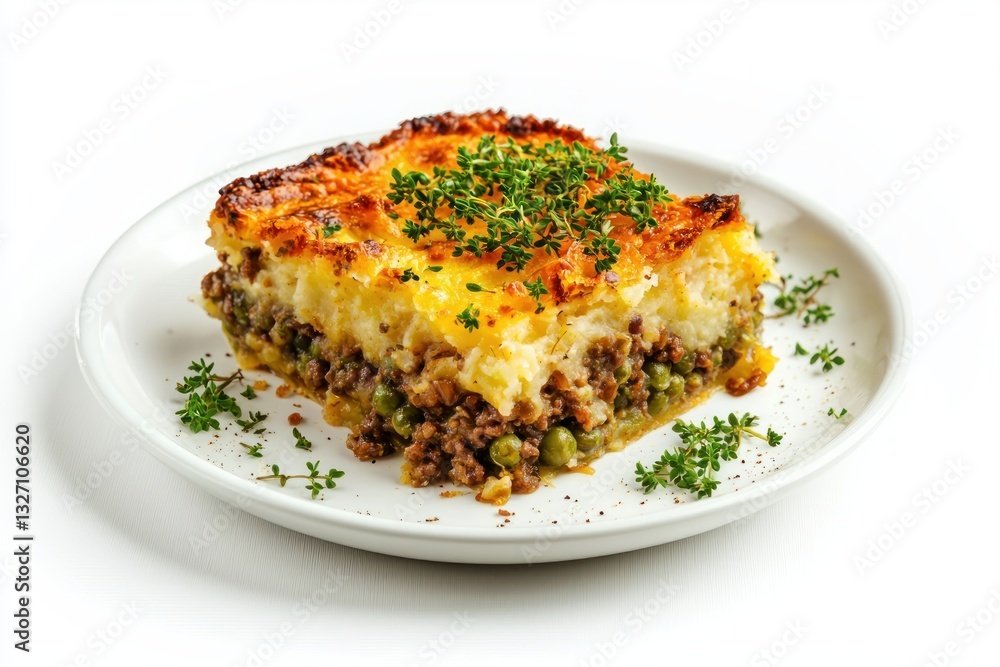 Hearty shepherd's pie with savory minced meat mashed potato crust and fresh thyme on a white dish Hearty shepherd's pie with savory minced meat mashed potato crust and fresh thyme on a white dish