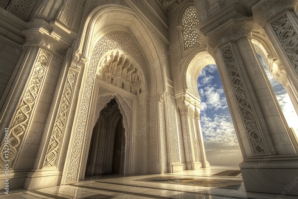 Fototapeta premium Majestic Islamic architecture, ornate entrance, mosque interior, sunlight streaming in