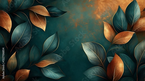Elegant Gold and Teal Leaf Background, Elegant background with gold and teal leaves on a dark teal backdrop