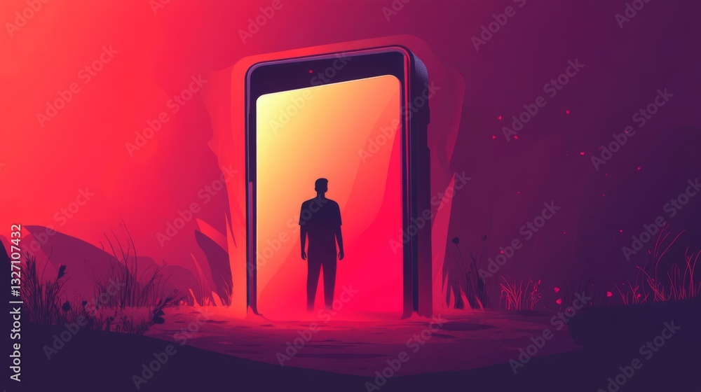 Fototapeta premium Surreal sunset silhouette with mobile device portal concept art