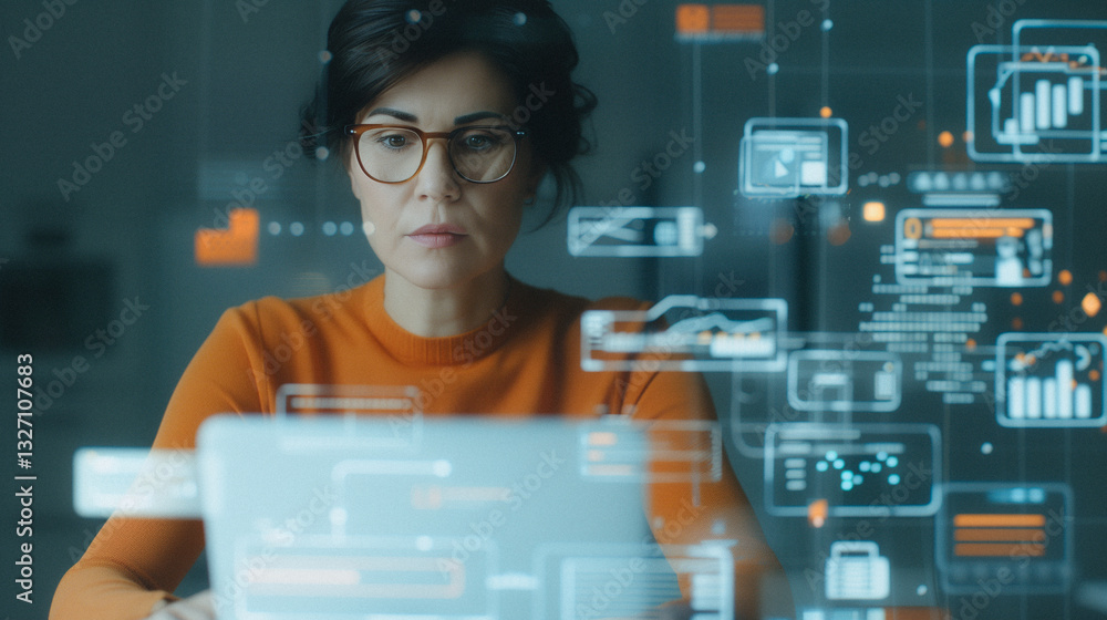 Innovation at Work: A focused woman with glasses meticulously working on a laptop surrounded by an augmented reality overlay, representing modern technology and digital transformation. Innovation at Work: A focused woman with glasses meticulously working on a laptop surrounded by an augmented reality overlay, representing modern technology and digital transformation.