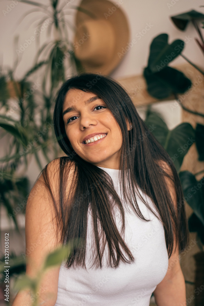 Portrait of a happy young dark-haired woman in a room with indoor plants.
