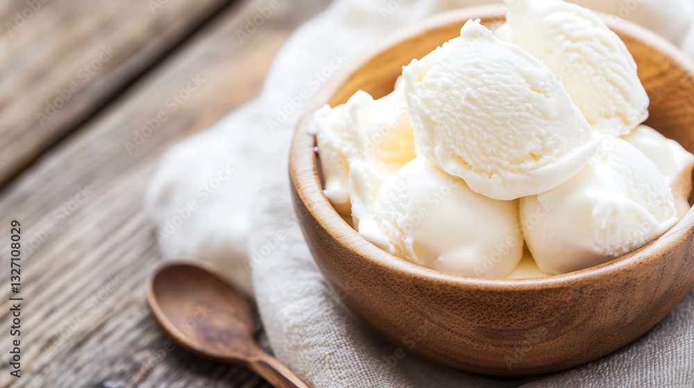 Creamy scoops of vanilla ice cream in a rustic wooden bowl set against a cozy background : Generative AI Creamy scoops of vanilla ice cream in a rustic wooden bowl set against a cozy background : Generative AI
