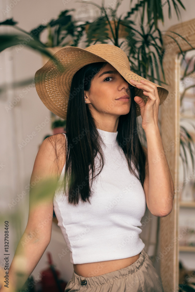 Portrait of a happy young dark-haired woman in a straw hat in a room with indoor plants.Summer concept.