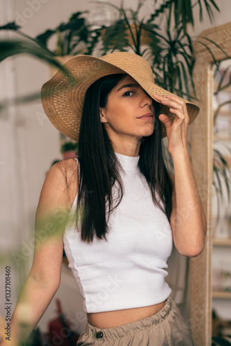 Obraz na płótnie Portrait of a happy young dark-haired woman in a straw hat in a room with indoor plants.Summer concept. w salonie