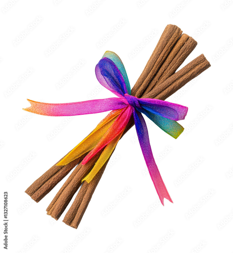 Colorful ribbon tied around a bundle of cinnamon sticks Colorful ribbon tied around a bundle of cinnamon sticks