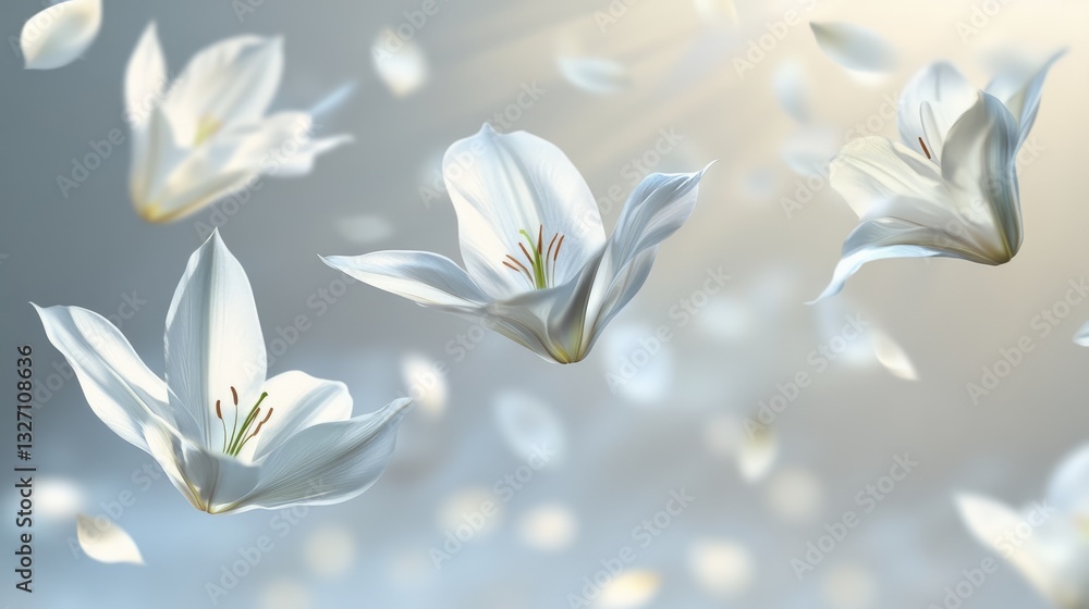 Obraz premium Flower petals floating in the air on a blurred background, spring concept, creating vibrant scene.