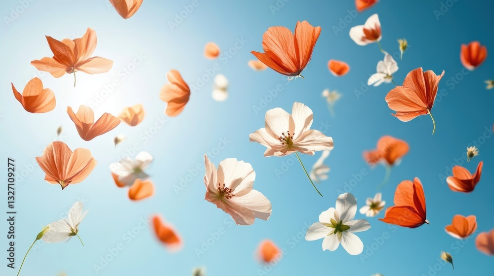 Flower petals floating in the air on a blurred background, spring concept, creating vibrant scene. Flower petals floating in the air on a blurred background, spring concept, creating vibrant scene.