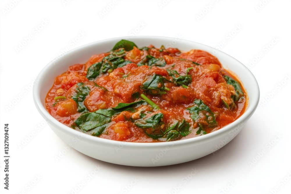 Appetizing potato gnocchi with vibrant tomato sauce and fresh spinach leaves presented in white bowl Appetizing potato gnocchi with vibrant tomato sauce and fresh spinach leaves presented in white bowl
