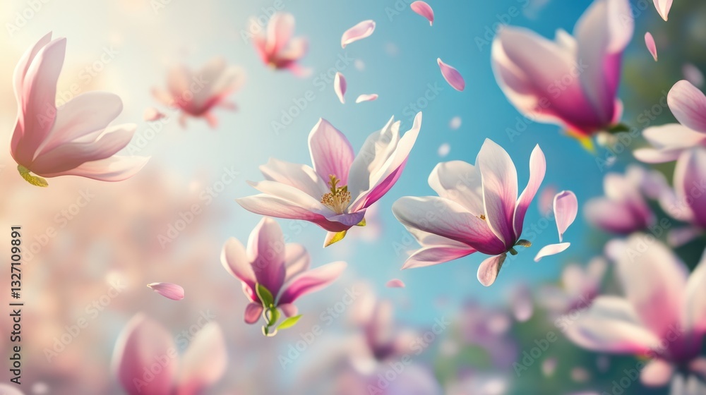Flower petals floating in the air on a blurred background, spring concept, creating vibrant scene. Flower petals floating in the air on a blurred background, spring concept, creating vibrant scene.