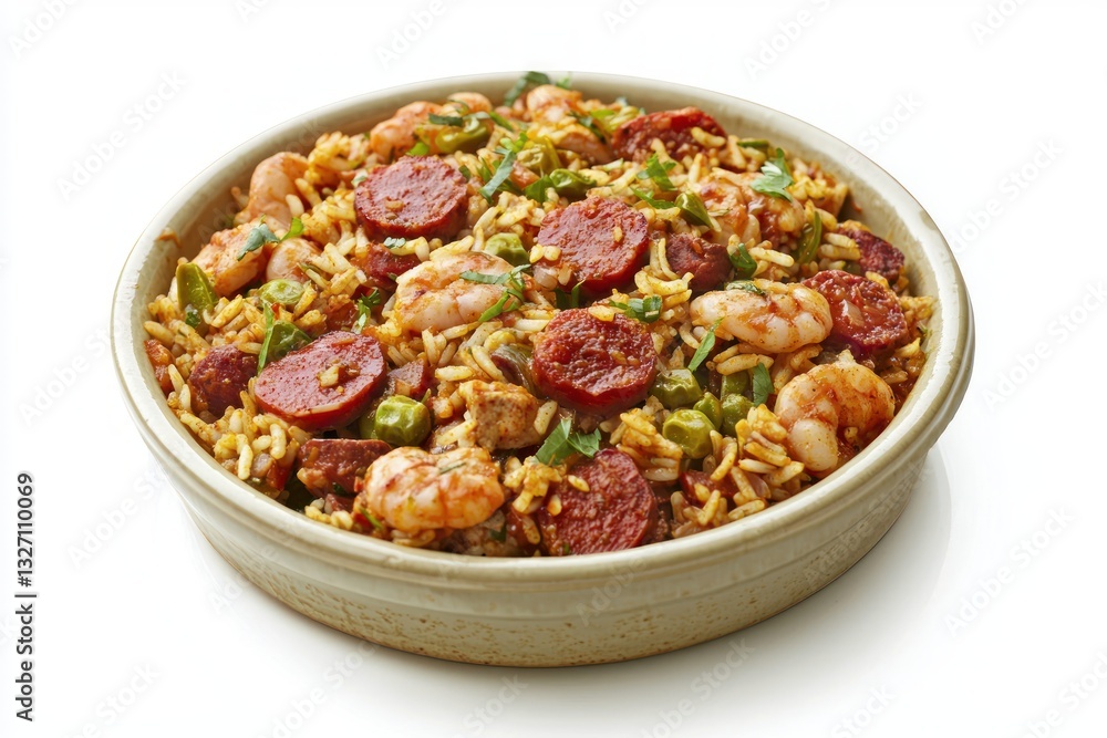 Delicious shrimp and chorizo paella in a ceramic bowl colorful spanish dish from above studio shot Delicious shrimp and chorizo paella in a ceramic bowl colorful spanish dish from above studio shot