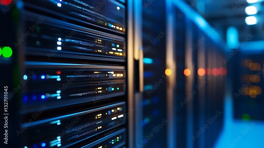 High tech data center with illuminated server racks showcasing advanced technology and connectivity : Generative AI High tech data center with illuminated server racks showcasing advanced technology and connectivity : Generative AI