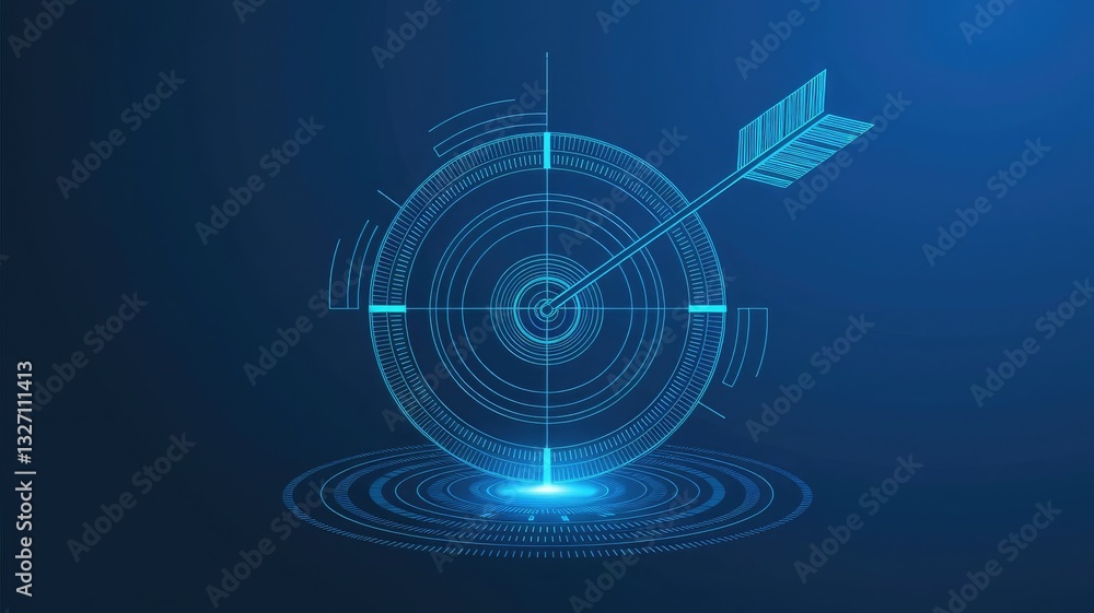 Digital target with bow arrow in bullseye with Japanese candlestick. Abstract stock market concept. Low poly wireframe vector illustration. Futuristic hologram in technology blue. Vector illustration. Digital target with bow arrow in bullseye with Japanese candlestick. Abstract stock market concept. Low poly wireframe vector illustration. Futuristic hologram in technology blue. Vector illustration.