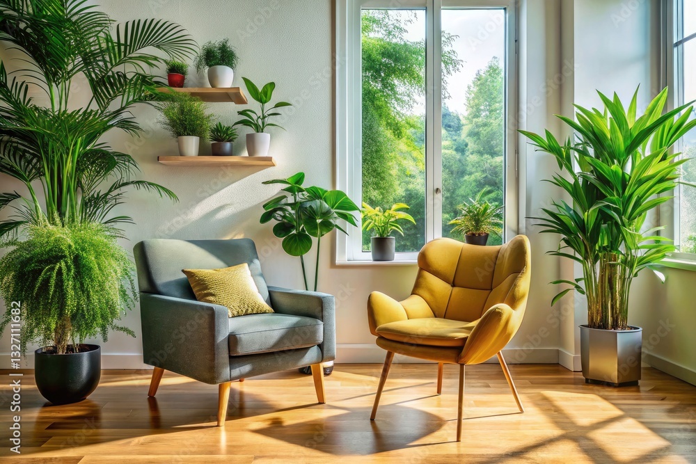Fototapeta premium Cozy Minimalist Living Room Design: Modern Armchair, Green Plants, Interior Decor
