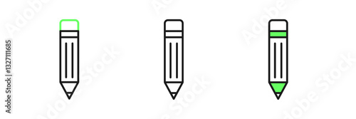 Set line Pencil with eraser icon isolated on white background. Drawing and educational tools. School office symbol. Vector