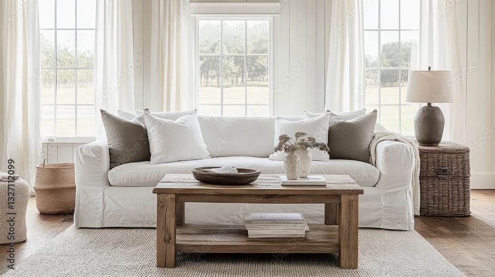 Fototapeta premium Modern farmhouse living room with a white couch, rustic wooden coffee table, and neutral-colored Sunlight brightens the soft textures.