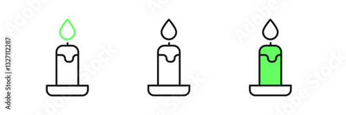 Set line Burning candle in candlestick icon isolated on white background. Cylindrical candle stick with burning flame. Vector