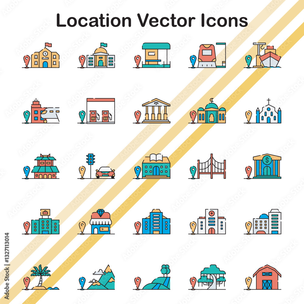 A collection of vector icons representing locations and navigation. A collection of vector icons representing locations and navigation.