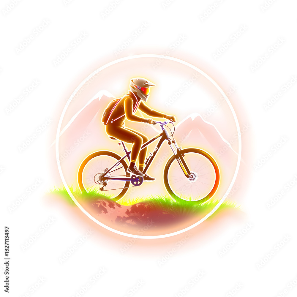 Fototapeta premium Person riding bike holographic 3D icon. neon symbol vector illustration isolated on white background. Generative AI