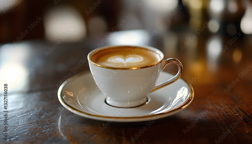 A beautifully crafted cup of coffee sits elegantly on a wooden table, showcasing intricate latte art A beautifully crafted cup of coffee sits elegantly on a wooden table, showcasing intricate latte art