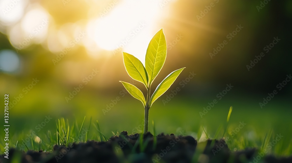 Young green plant sprouting in sunlight with a blurred green background showcasing nature's beauty : Generative AI Young green plant sprouting in sunlight with a blurred green background showcasing nature's beauty : Generative AI