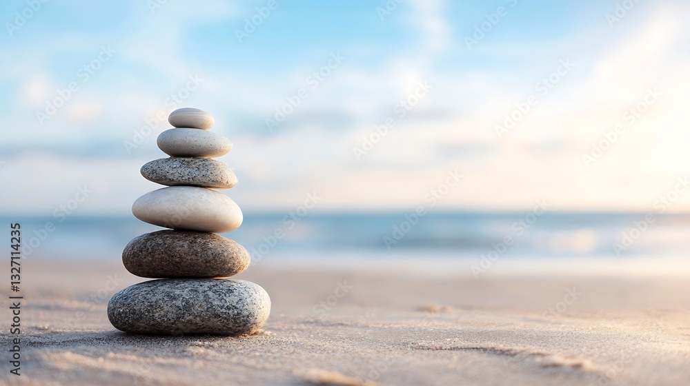 Fototapeta premium Carefully balanced stones on sandy beach representing tranquility balance and harmony with nature : Generative AI