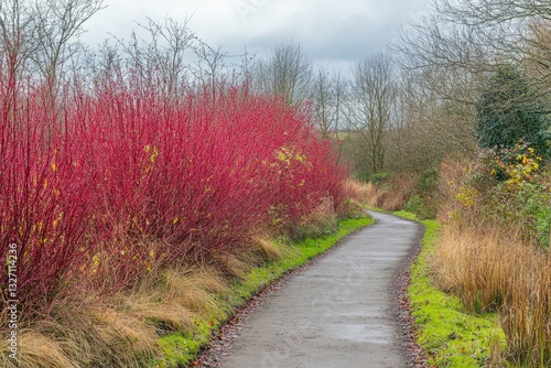 Cornus Alba in Nature: Vibrant Red Winter Stems of Dogwood Shrub surrounded by Grasses in Rural Devon