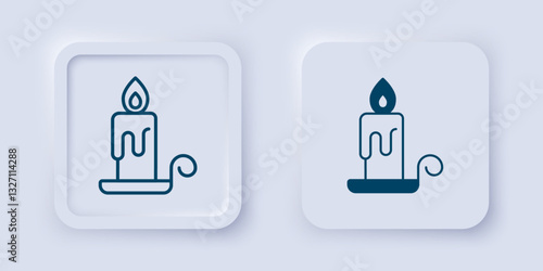 Filled and outline Burning candle in candlestick icon isolated on grey background. Cylindrical candle stick with burning flame. Square button. Vector