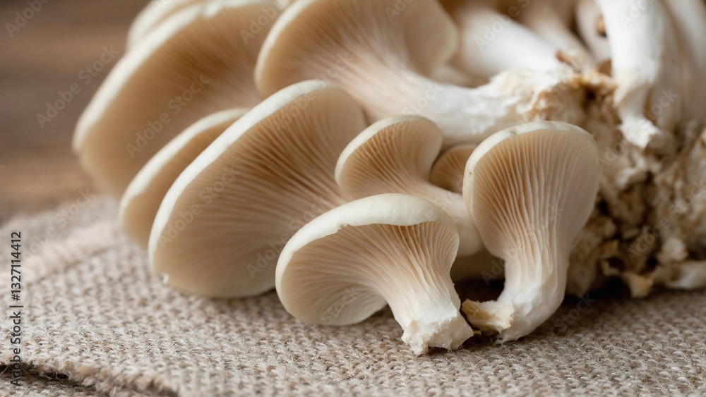 Fresh Oyster Mushrooms on a Rustic Fabric Surface. Soft Textures and Earthy Tones. Generative AI. Fresh Oyster Mushrooms on a Rustic Fabric Surface. Soft Textures and Earthy Tones. Generative AI.