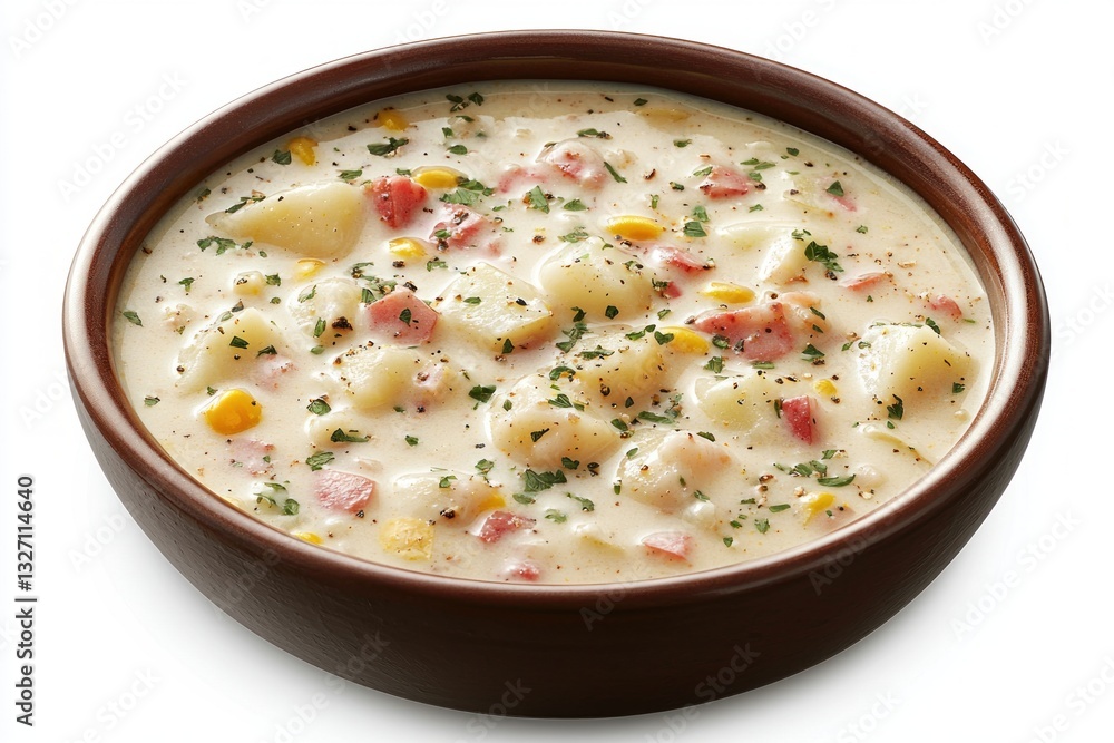 Creamy and Delicious Corn Chowder Soup Featuring Potatoes Ham and Herbs in Elegant Brown Bowl Creamy and Delicious Corn Chowder Soup Featuring Potatoes Ham and Herbs in Elegant Brown Bowl