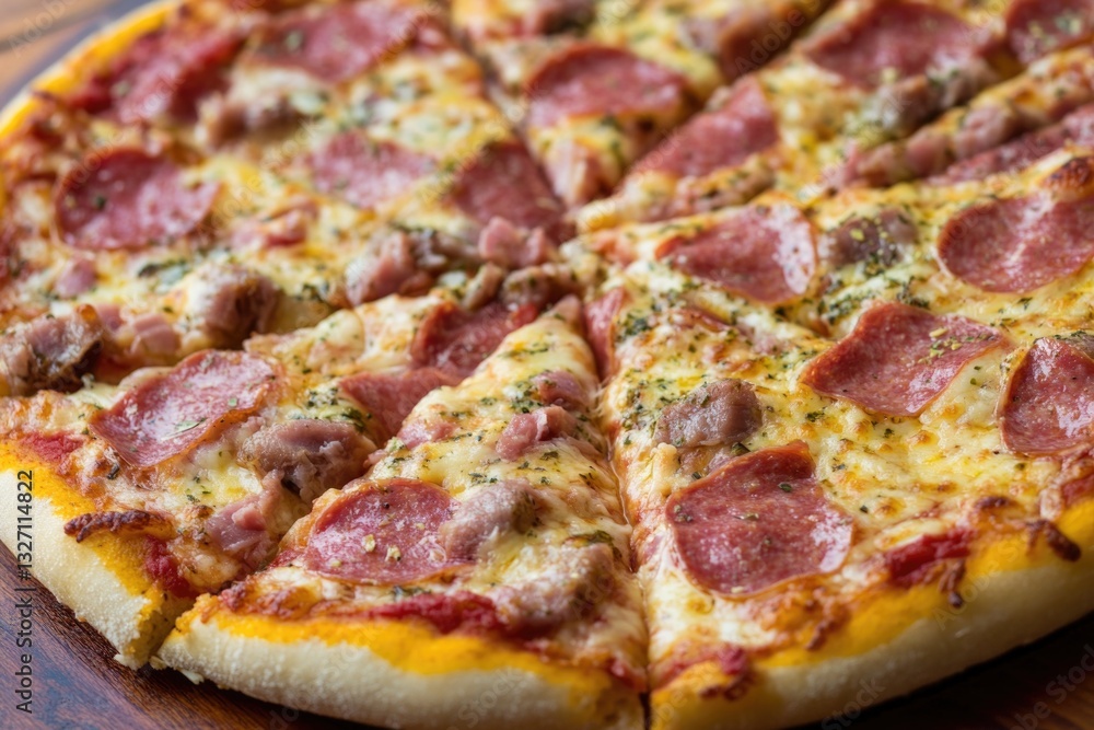 Freshly baked pizza with melted cheese and toppings Freshly baked pizza with melted cheese and toppings