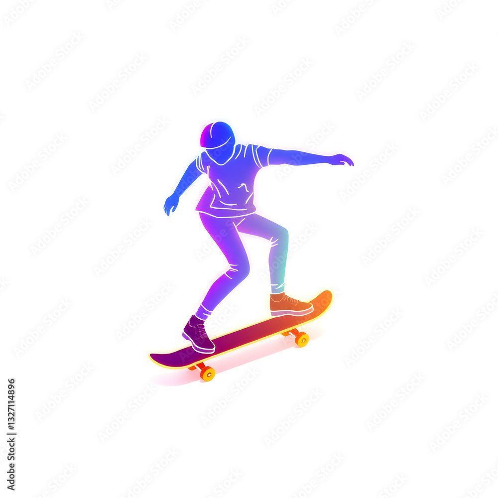 Obraz premium Person riding skateboard holographic 3D icon. neon symbol vector illustration isolated on white background. Generative AI