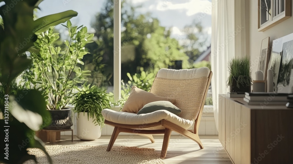 Fototapeta premium Scandinavian-inspired modern home with a relaxing chair, woven textures, and green houseplants.