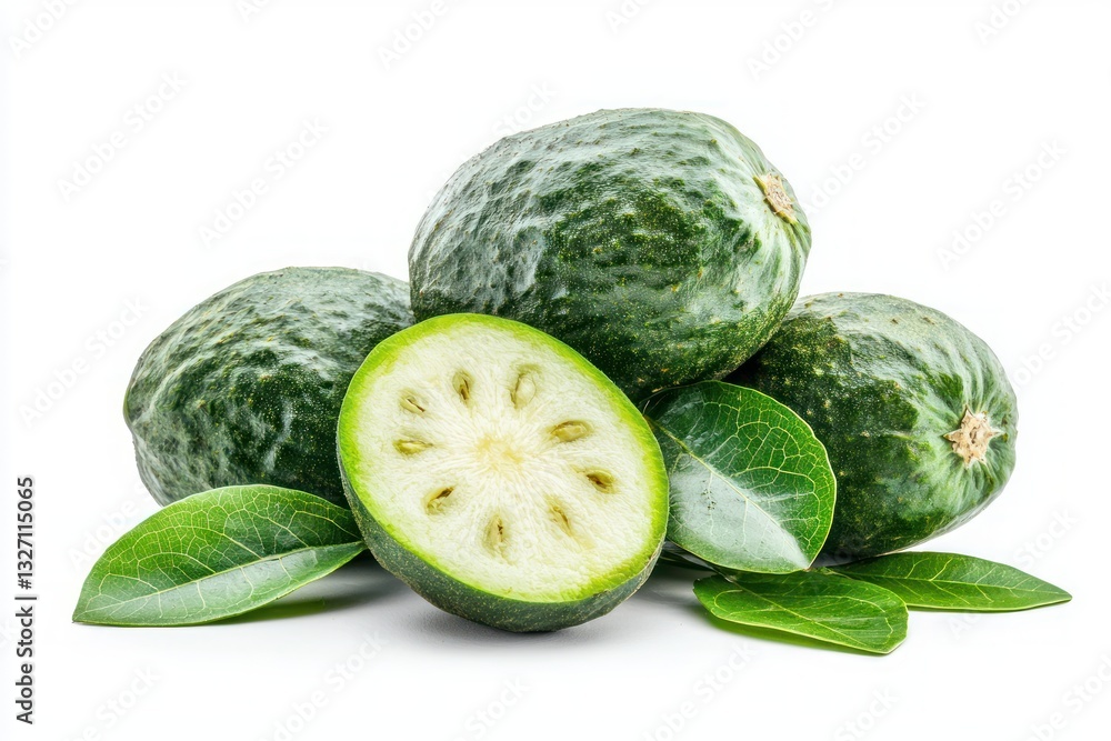 Green bael fruits showcasing a cut half on white surface, detailed leaves, food photography close up capturing textures, perfect for health blogs and fresh produce promotion Green bael fruits showcasing a cut half on white surface, detailed leaves, food photography close up capturing textures, perfect for health blogs and fresh produce promotion
