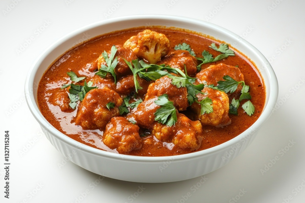 Delicious indian cuisine cauliflower curry in a white bowl served on a white background in vibrant rich colors Delicious indian cuisine cauliflower curry in a white bowl served on a white background in vibrant rich colors