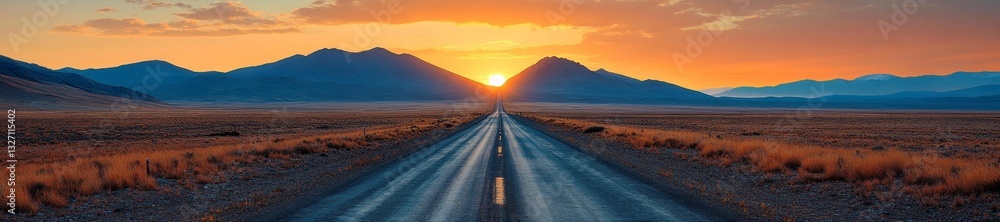 Fototapeta premium Long Isolated Desert Road Leading to Majestic Mountains. Generative AI