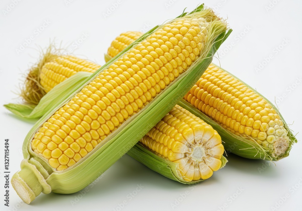 Golden yellow corn cobs with bright green husks partially peeled back revealing neat rows of juicy kernels Golden yellow corn cobs with bright green husks partially peeled back revealing neat rows of juicy kernels