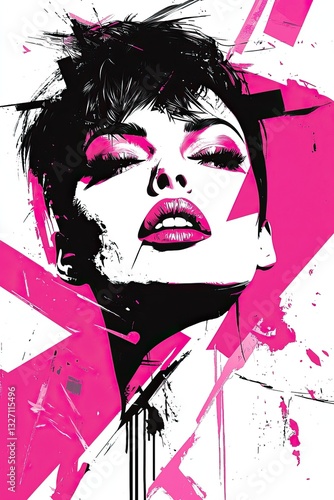 Bold Abstract Portrait of a Woman with Short Hair in Pink and Black Graffiti Art Style