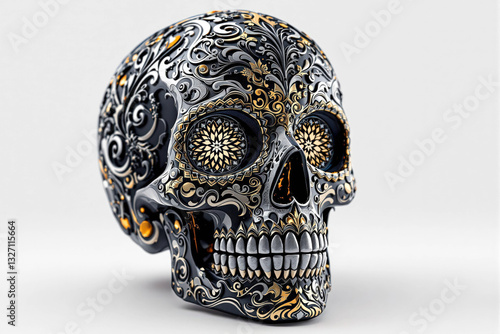 Colorful sculpture Skull – 3D Illustration Inspired by Día de los Muertos