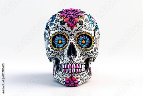 Colorful sculpture Skull – 3D Illustration Inspired by Día de los Muertos