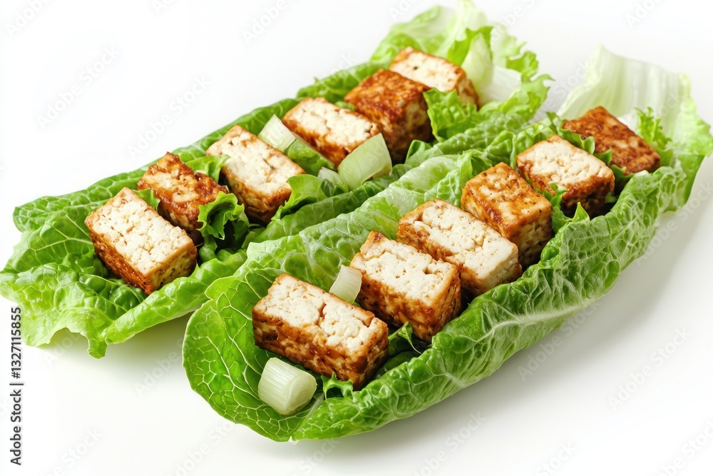 Tempeh squares in lettuce wraps with fresh onion on a white background healthy vegetarian food still life delicious ingredient Tempeh squares in lettuce wraps with fresh onion on a white background healthy vegetarian food still life delicious ingredient