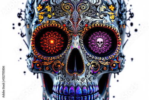 Colorful sculpture Skull – 3D Illustration Inspired by Día de los Muertos