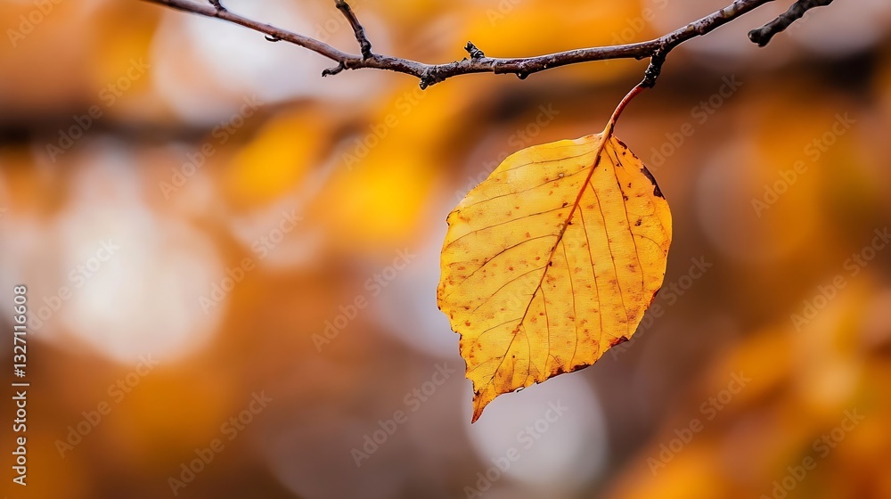 Beautiful autumn scene with a single yellow leaf hanging on a branch amidst colorful foliage : Generative AI Beautiful autumn scene with a single yellow leaf hanging on a branch amidst colorful foliage : Generative AI