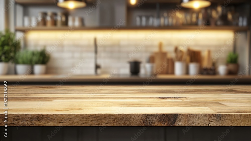 Rustic wooden countertop in a blurred kitchen background with warm lighting and herbs for a cozy and inviting atmosphere perfect for culinary creations Rustic wooden countertop in a blurred kitchen background with warm lighting and herbs for a cozy and inviting atmosphere perfect for culinary creations